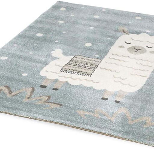 Vloerkleed kinderkamer Lama - blauw/wit - overzicht schuin, thumbnail