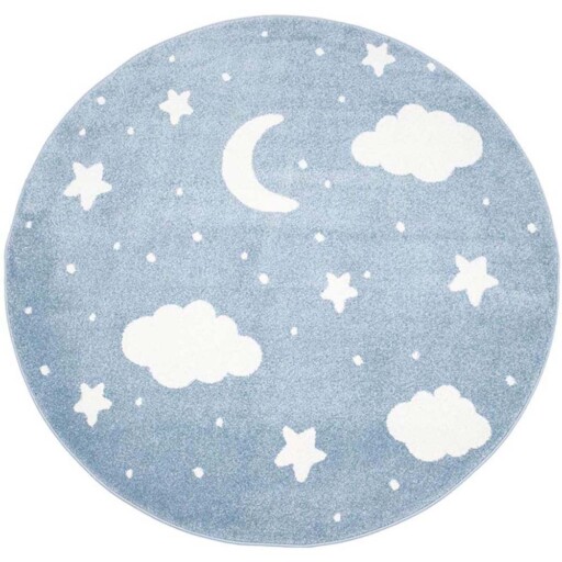 Rond vloerkleed kinderkamer Wolk & Ster 3D - blauw/crème - overzicht boven, thumbnail
