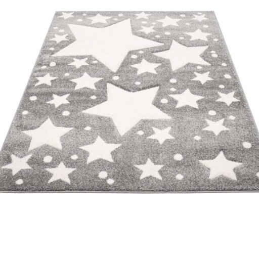 Vloerkleed kinderkamer Sterren 3D - grijs/crème - overzicht schuin, thumbnail