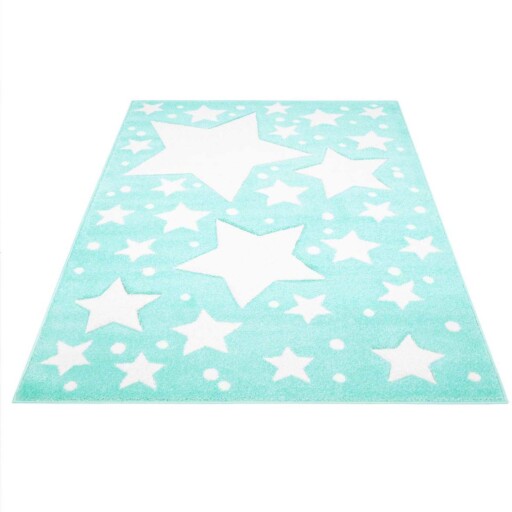 Vloerkleed kinderkamer Sterren 3D - mintblauw/Crème - overzicht schuin, thumbnail