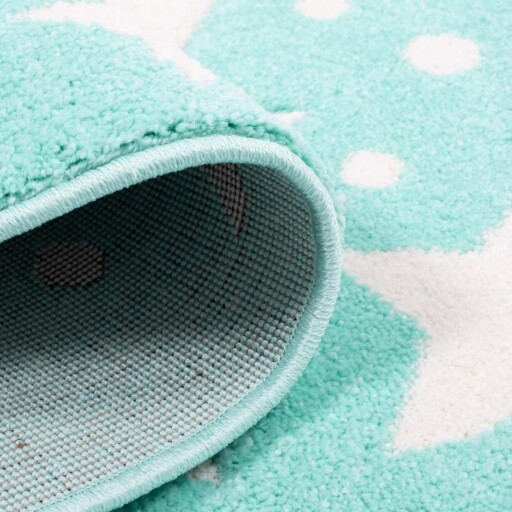 Rond vloerkleed kinderkamer Sterren 3D - mintblauw/crème - close up vouw, thumbnail