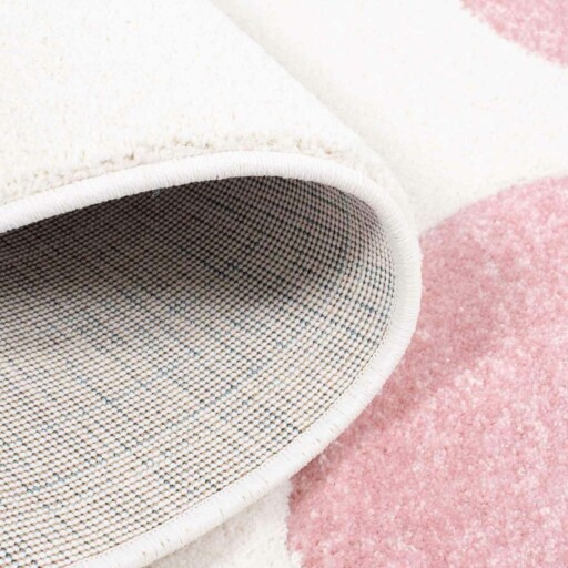 Rond vloerkleed kinderkamer Hartjes 3D - crème/roze - close up vouw, thumbnail
