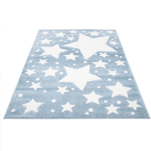 Vloerkleed kinderkamer Sterren 3D - blauw/crème - overzicht schuin, thumbnail