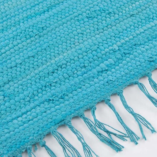 Kelim vloerkleed effen handweef Bomull - turquoise - close up zijkant, thumbnail