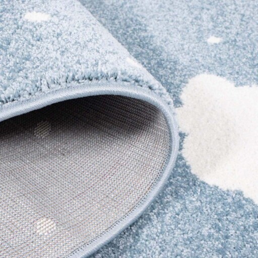 Rond vloerkleed kinderkamer Wolk & Ster 3D - blauw/crème - close up vouw, thumbnail