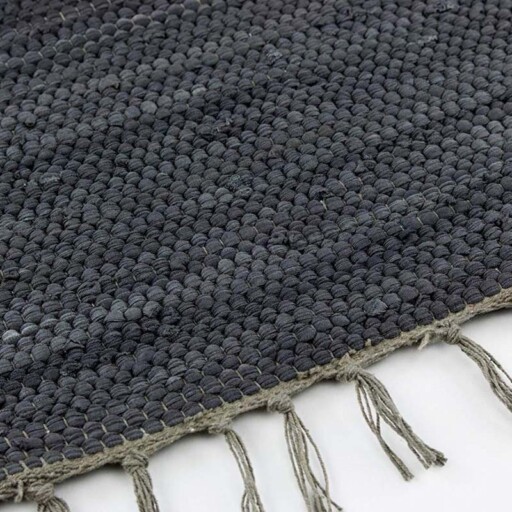 Kelim vloerkleed effen handweef Bomull - antraciet - close up zijkant, thumbnail