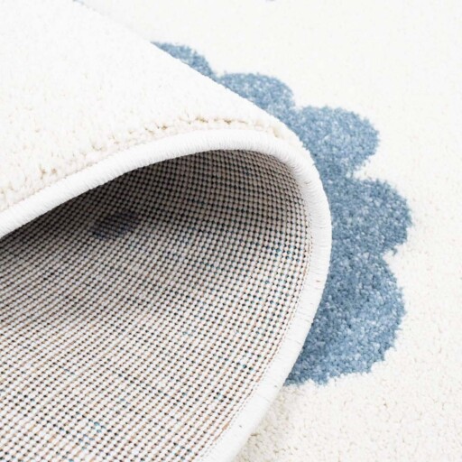 Rond vloerkleed kinderkamer Wolk & Ster 3D - crème/blauw - close up vouw, thumbnail