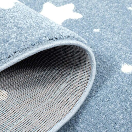 Rond vloerkleed kinderkamer Kleine Sterren 3D - blauw/crème - close up vouw, thumbnail