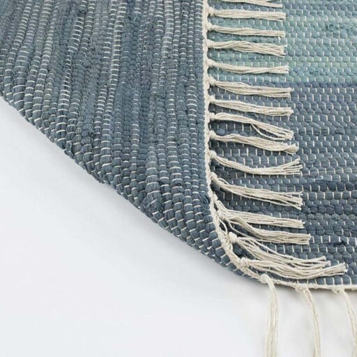 Kelim vloerkleed strepen handweef Bomull - blauw/wit - close up vouw, thumbnail