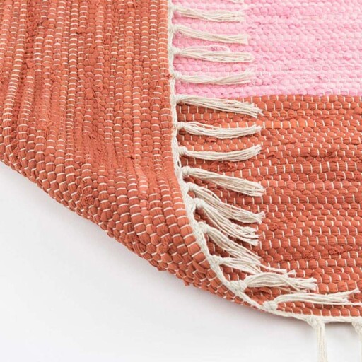 Kelim vloerkleed strepen handweef Bomull - rood/wit - close up vouw, thumbnail