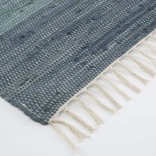 Kelim vloerkleed strepen handweef Bomull - blauw/wit - close up hoek, thumbnail