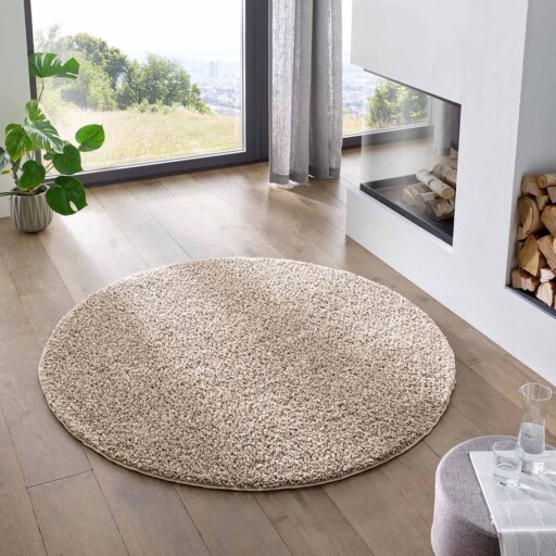 Rond vloerkleed hoogpolig effen Classic - beige - sfeer, thumbnail