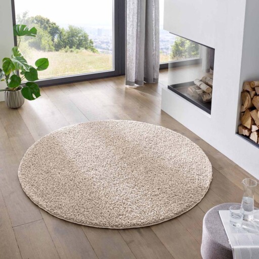 Rond vloerkleed hoogpolig effen Classic - crème - sfeer, thumbnail