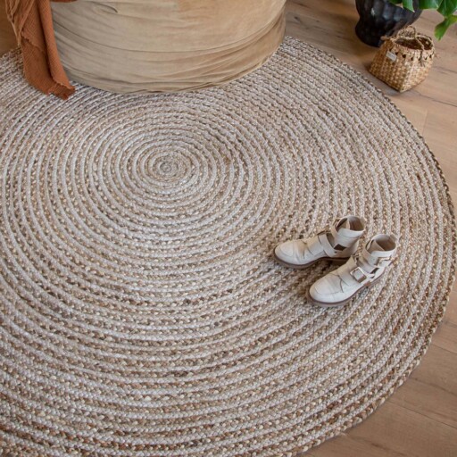 Jute vloerkleed rond - Braided - wit/naturel - sfeer, thumbnail