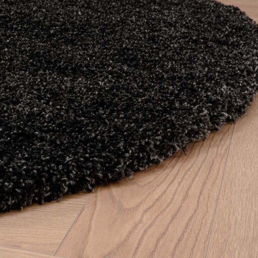 Rond hoogpolig vloerkleed shaggy Grand effen - antraciet - close up zijkant, thumbnail