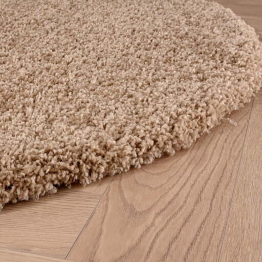 Rond hoogpolig vloerkleed shaggy Grand effen - beige - close up zijkant, thumbnail