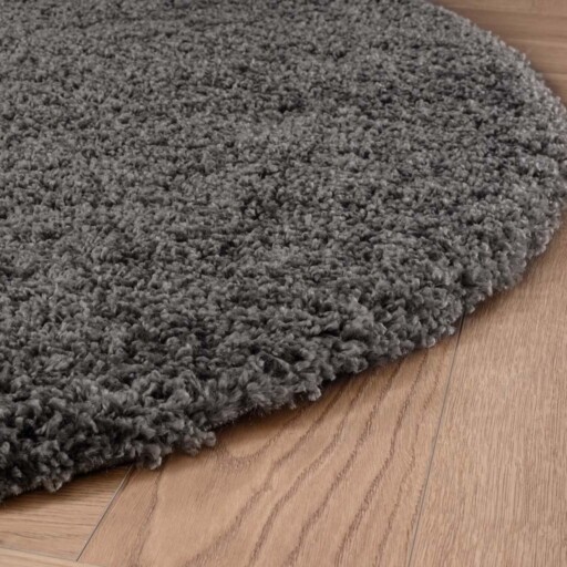 Rond hoogpolig vloerkleed shaggy Grand effen - donkergrijs - close up zijkant, thumbnail