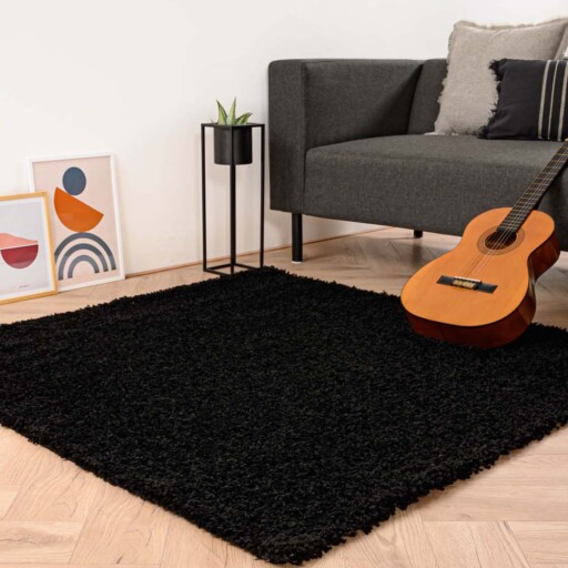 Vierkant hoogpolig vloerkleed shaggy Trend effen - zwart - sfeer