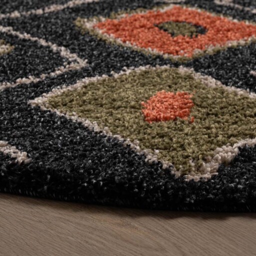 Rond hoogpolig vloerkleed bohemian Artisan - antraciet/multi - close up, thumbnail