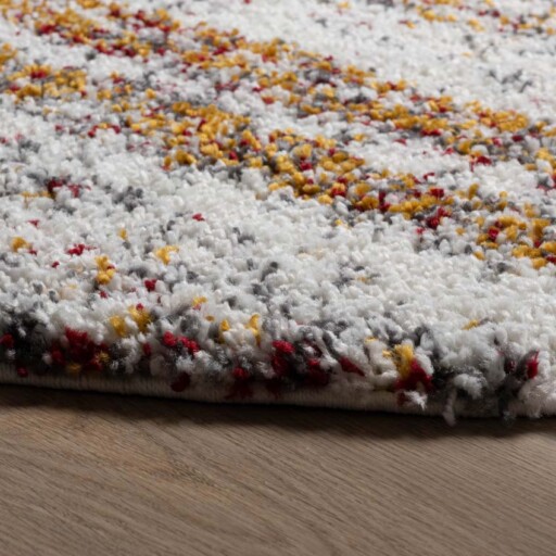 Rond hoogpolig vloerkleed strepen Artisan - wit/multi - close up, thumbnail