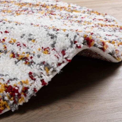 Rond hoogpolig vloerkleed strepen Artisan - wit/multi - close up, thumbnail