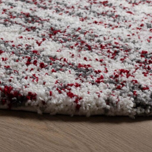 Rond hoogpolig vloerkleed strepen Artisan - grijs/rood - close up, thumbnail