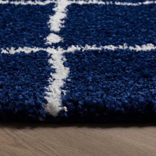 Rond hoogpolig vloerkleed ruiten Artisan - marineblauw/wit - close up, thumbnail