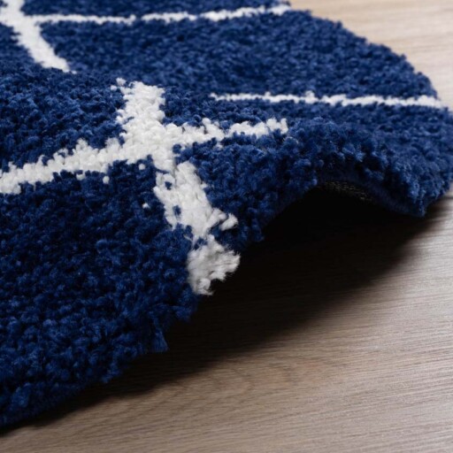 Rond hoogpolig vloerkleed ruiten Artisan - marineblauw/wit - close up, thumbnail