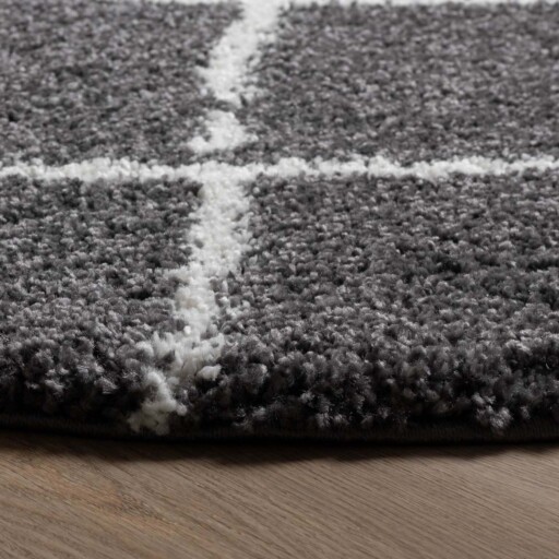 Rond hoogpolig vloerkleed ruiten Artisan - grijs/wit - close up, thumbnail