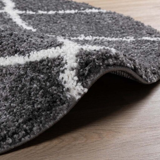 Rond hoogpolig vloerkleed ruiten Artisan - grijs/wit - close up, thumbnail