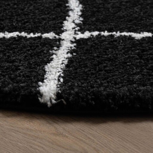 Rond hoogpolig vloerkleed ruiten Artisan - zwart/wit - close up, thumbnail