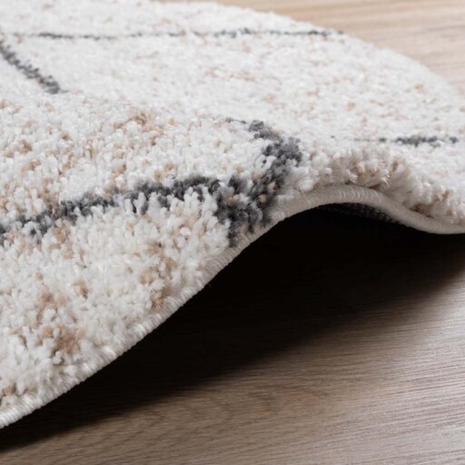 Rond hoogpolig vloerkleed geruit Artisan - wit/grijs - close up, thumbnail