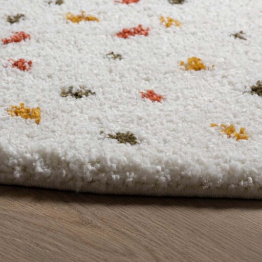 Rond hoogpolig vloerkleed stippen Artisan - wit/multi - close up, thumbnail