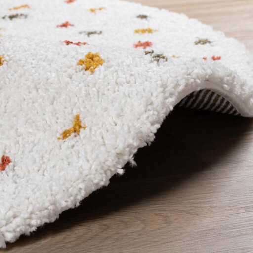 Rond hoogpolig vloerkleed stippen Artisan - wit/multi - close up, thumbnail