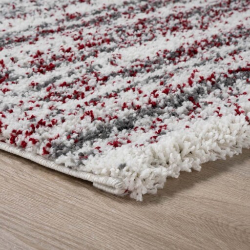 Hoogpolig vloerkleed strepen Artisan - grijs/rood - close up hoek, thumbnail