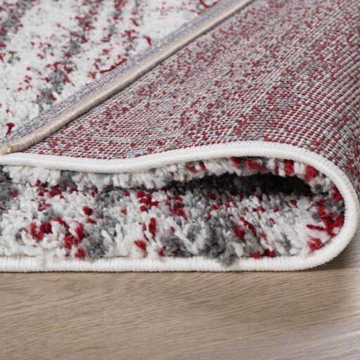 Hoogpolig vloerkleed strepen Artisan - grijs/rood - close up vouw, thumbnail