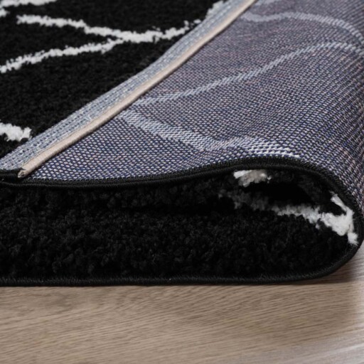 Hoogpolig vloerkleed ruiten Artisan - zwart/wit - close up vouw, thumbnail