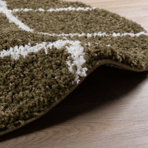 Rond hoogpolig vloerkleed ruiten Habitat - olijfgroen/wit - close up, thumbnail