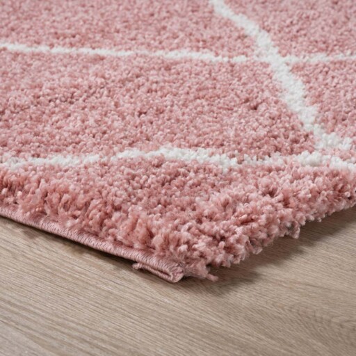 Vierkant hoogpolig vloerkleed ruiten Artisan - roze/wit - close up, thumbnail