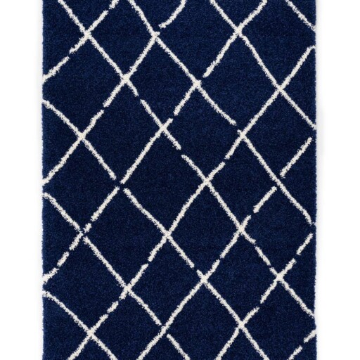 Hoogpolig vloerkleed ruiten Artisan - marineblauw/wit - overzicht