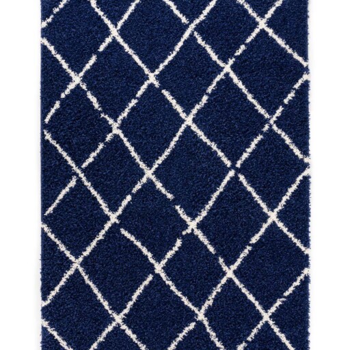 Hoogpolig vloerkleed ruiten Habitat - marineblauw/wit - overzicht