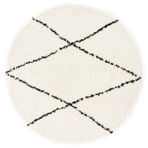 Rond hoogpolig vloerkleed ruit Artisan - wit/zwart - overzicht