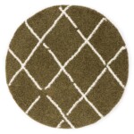 Rond hoogpolig vloerkleed ruiten Artisan – olijfgroen-wit