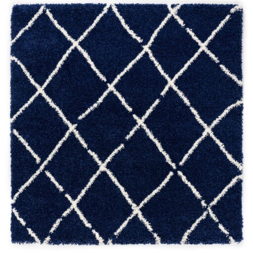 Vierkant hoogpolig vloerkleed ruiten Artisan - marineblauw/wit - overzicht