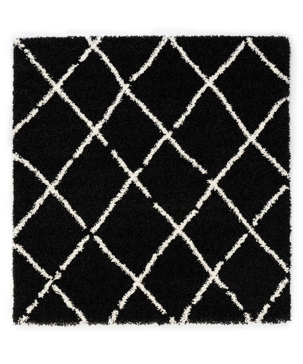Vierkant hoogpolig vloerkleed ruiten Artisan – zwart-wit