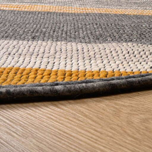 Rond wollen vloerkleed strepen Lett - okergeel/grijs - close up, thumbnail