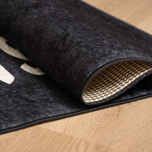 Keukenloper wasbaar - Less monday More coffee - zwart - close up vouw, thumbnail