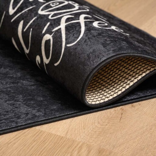 Keukenloper wasbaar - Wake up with Coffee - zwart - close up vouw, thumbnail