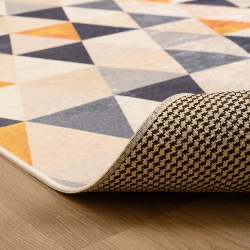 Geometrisch vloerkleed wasbaar - Moderna blauw/geel - close up vouw, thumbnail