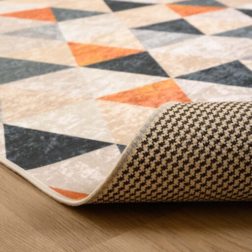 Geometrisch vloerkleed wasbaar - Moderna groen/geel - close up vouw, thumbnail